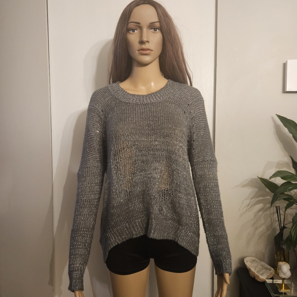 BcbgMaxAzria Women's Gray Sweater Top Semi Sheer Knit Wool Blend